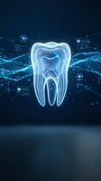 Digital tooth hologram with futuristic interface elements and glowing blue network connections for dental technology and healthcare innovation concepts.