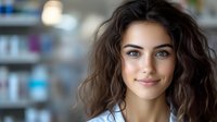Young Mediterranean woman with wavy dark hair and bright blue eyes smiling warmly at camera against blurred pharmacy or medical office background.