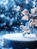 Frosted leaves over snowy platform against blue winter background with falling snowflakes creating magical seasonal atmosphere for holiday designs.