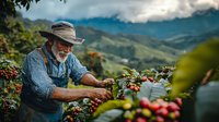 Senior Caucasian farmer harvesting ripe coffee cherries on mountainous plantation, wearing traditional work clothes and hat against dramatic cloudy sky.