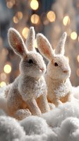 Two adorable knitted bunny rabbits sitting in soft white snow with warm golden bokeh lights creating magical winter holiday atmosphere for seasonal decorations.