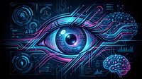 Futuristic digital eye with glowing neon circuits and brain, symbolizing artificial intelligence, cyber vision, and advanced technology on dark background.
