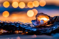 Macro photography of ocean wave with water drops at golden sunset, bokeh lights creating dreamy atmosphere, nature abstract background with deep blue tones.