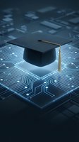 Graduation cap floating above glowing circuit board representing digital education technology and online learning advancement in modern academic environment.