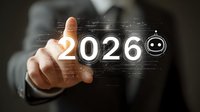 Businessman in dark suit touching glowing 2026 number with futuristic robot face icon on virtual screen, digital technology concept for business planning.
