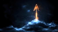 Glowing orange neon arrow bursts upward through mystical blue clouds against dark background, symbolizing growth, success and breakthrough in business concepts.