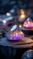 Glowing purple crystal on rustic wooden surface with magical bokeh lights and small flowers creating mystical atmosphere for spiritual and wellness designs.