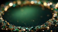 Glittering gold and emerald green bokeh lights create magical circular frame against dark background with copy space for festive designs.