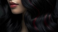 Close-up of dark wavy hair with subtle red highlights against black background, showing partial view of woman's lips and face profile.