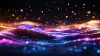 Glowing waves of purple, orange and blue light with sparkling particles and bokeh effects create magical abstract background for festive designs.