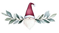 Festive gnome with white beard wearing burgundy Santa hat, decorated with eucalyptus branches on sides, watercolor style illustration on white background.