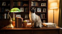 Siamese cat sitting on wooden desk in cozy home library with vintage banker lamp, books and warm lighting creating scholarly atmosphere for pet lifestyle content.