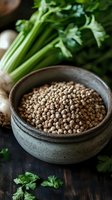 Raw chickpeas in rustic ceramic bowl with fresh celery and parsley on dark wooden background. Close up view of dried legumes for healthy cooking.