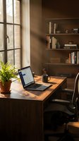 Cozy home office workspace with laptop, coffee mug and plant on wooden desk near window with warm natural light and bookshelf background for remote work.