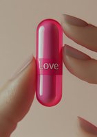 Pink capsule pill with word Love held between fingers against neutral background, representing relationship therapy or emotional wellness concept.
