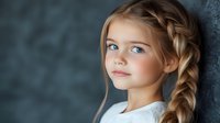 Young girl with blue eyes and braided blonde hair wearing white against dark background, soft natural lighting creates gentle portrait mood.