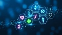 Digital healthcare technology concept with glowing hexagonal medical icons on blue background for telemedicine and health innovation applications.