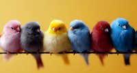 Colorful baby chicks in row on branch against yellow background. Adorable fluffy newborn birds in pink, gray, yellow, blue and red colors for spring designs.