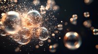 Magical glowing soap bubbles floating in dark space with sparkles and bokeh light effects, creating dreamy atmospheric composition for festive designs.