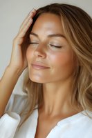 Young Caucasian woman with glowing skin and closed eyes touching head, expressing serenity and wellness. Natural beauty portrait in soft light against neutral background.