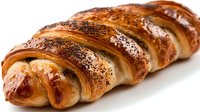 Golden flaky croissant with poppy seeds isolated on white background. Fresh baked pastry for breakfast menu, bakery advertising, culinary designs.