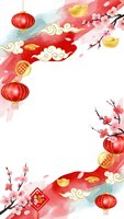 Chinese New Year watercolor frame with red lanterns, cherry blossoms, gold coins and traditional clouds on white background for festive greeting cards.