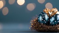 Metallic blue and gold Christmas ornaments nestled in rustic twig nest against blurred bokeh background, creating festive holiday atmosphere.