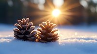 Pine cones nestled in fresh snow with golden sunburst creating magical winter atmosphere. Natural seasonal composition captures morning light and frost crystals.