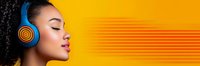 Young African American woman with closed eyes wearing blue headphones against vibrant orange background with dynamic lines, side view profile for music and audio concepts.
