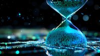 Digital hourglass with flowing binary code particles in blue and green neon lights against dark background, reflecting on glossy surface with bokeh effects.