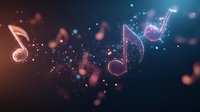 Glowing musical notes float in dark space with sparkles and bokeh effects creating magical atmosphere against blue and orange gradient background.