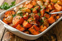 Roasted sweet potatoes and carrots garnished with fresh herbs and seasonings served in white ceramic dish, perfect for healthy dinner side dish or holiday meal photography.