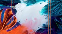 Abstract fluid art background with vibrant orange and turquoise paint swirls on white. Dynamic flowing shapes create energetic composition for modern wall decor and design projects.