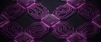 Neon purple circuit board patterns with glowing geometric lines on dark background, seamless tile for tech and digital design projects.