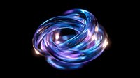 Glowing abstract spiral shape with blue and purple light trails against black background, creating dynamic motion effect for technology and energy concepts.