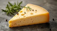 Fresh wedge of yellow cheese with holes, black peppercorns and rosemary sprig on dark stone background, macro food photography for restaurant menu.