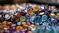 Colorful precious and semiprecious gemstones scattered on dark surface with selective focus. Natural minerals and crystals in various colors and cuts.