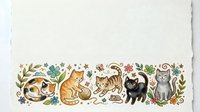 Adorable cats with floral elements on textured paper background. Cute feline illustrations surrounded by decorative botanical motifs and flowers.