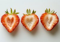 Fresh ripe strawberry halves arranged in row showing juicy heart-shaped cross sections with natural texture and vibrant red color on white background.