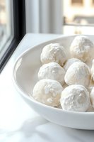 White powdered sugar snowball cookies in ceramic bowl near window with natural lighting, creating soft shadows and bright highlights on festive holiday treats.