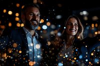 Happy mature couple laughing together surrounded by golden bokeh lights at night celebration event for anniversary or special occasion marketing.