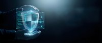 Glowing digital shield with lock icon held in hand against dark background, representing cybersecurity, data protection, and network safety for technology and business applications.