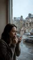 Woman with dark hair and fair complexion drinking hot beverage from mug while gazing through rainy window at urban cityscape with historic stone buildings and wet streets below.