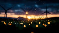 Magical sunset landscape with wind turbines silhouettes, glowing fireflies and bokeh lights in summer meadow grass against dramatic evening sky.