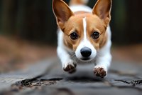 Adorable corgi puppy running towards camera with paws in air, shallow depth of field background, playful pet portrait for animal lovers and dog enthusiasts.
