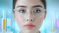 Young Asian woman scientist wearing glasses in laboratory with colorful test tubes, close up portrait against blue background showing confidence and expertise.