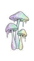Psychedelic melting mushrooms with holographic rainbow colors dripping on white background isolated for trendy apparel and sticker designs.
