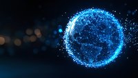 Digital globe visualization with glowing blue network connections and particle effects on dark background, representing global technology and data networks.