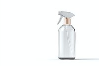 Clear glass spray bottle with rose gold trigger sprayer on white background, minimalist design for cleaning products, cosmetics or home essentials.