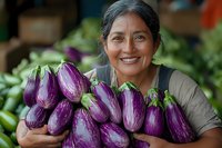 Middle-aged South Asian woman farmer holding fresh purple eggplants at market or farm stand. Suitable for agriculture, farming, organic produce, and food industry marketing materials.